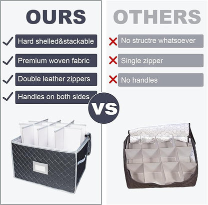 Wine Glass Storage Box with Dividers Holds 24 Stemware Storage Cases or China Crystal Glassware Containers with Handles and Lable Window (15.5" x 12.5"x10")-Set of 2 Grey