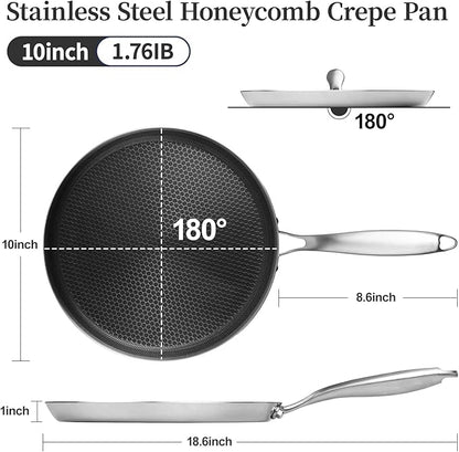 Innerwell Stainless Steel Crepe Pan - 10 Inch Nonstick Crepe Pan, Stainless Steel Honeycomb Coating Pancake Pan, Non Stick Flat Skillet Tawa Dosa Tortilla Griddle Pan, Induction Compatible, PFOA Free
