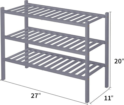 3 Tier Bamboo Shoe Rack for Closet Free Standing Wood Shoe Shelf Storage Organizer for Entryway Small Space Stackable 27"x11"x20" (Grey)