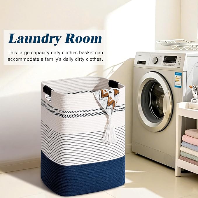 Degeyoyo Laundry Hamper, 95L Tall Laundry Basket with Leather Handles, Rectangle Large Clothes Hamper for Organizing, Cotton Woven Laundry Baskets Storage Hampers for Bedroom, Nursery, Living Room