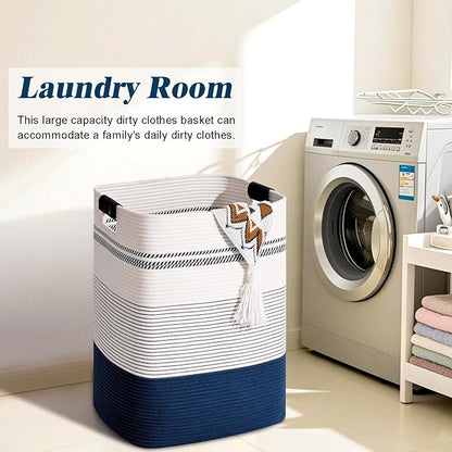 Degeyoyo Laundry Hamper, 95L Tall Laundry Basket with Leather Handles, Rectangle Large Clothes Hamper for Organizing, Cotton Woven Laundry Baskets Storage Hampers for Bedroom, Nursery, Living Room