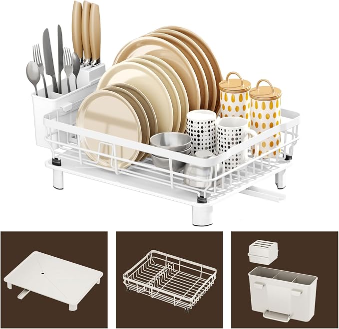 AIDERLY Metal Dish Drying Rack Automatic Drainage, White, Large | Removable Cutlery Basket, Drainboard & Knife Slots, Dish Drainers, for Kitchen Counter Sink
