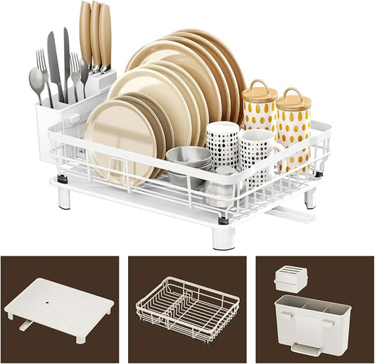 AIDERLY Metal Dish Drying Rack Automatic Drainage, White, Large | Removable Cutlery Basket, Drainboard & Knife Slots, Dish Drainers, for Kitchen Counter Sink