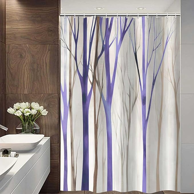 MERCHR Brown Purple Tree Fabric Shower Curtain, Art Style Abstract Birch Forest Rustic Wood Polyester Fabric Waterproof Bath Curtain, Farmhouse Bathroom Shower Curtains with Hooks 72X75 Inch