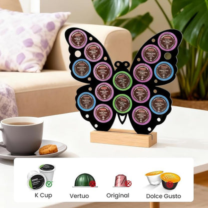 Butterfly Shaped K Cup Holder, Coffee Pod Storage Organizer for 16 Capsules, Classic Black Coffee Bar Accessories, Compatible with Most K-Cups, Suitable for Home Kitchen & Office Countertop