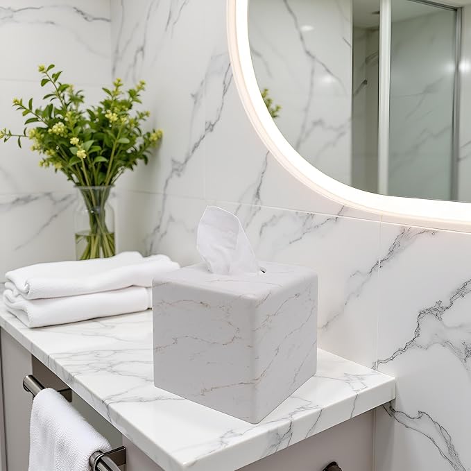 Marble Tissue Box Cover Square Decorative Stone Klenex Box Holder for Bathroom & Living Room with Handcrafted Texture (Marble-B)