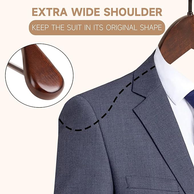17.5" Wooden Suit Hangers with Non Slip Pants Bar, 2-Pack Wood Extra-Wide Shoulder Hangers with Flat-Head Hook for Suits, Coats, Jackets, Shirts, Pants, Heavy Clothes (Walnut)