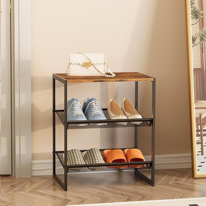 Garden 4 you 3 Tiers Narrow Shoe Rack,Small Space Freestanding Shoe Storage Organizer with Brown Wooden Tabletop,Adjustable Metal Shelf Stackable Shoe Shelf for Entryway Hallway Living Room Closet