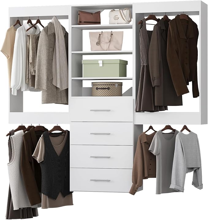 96" Modular Closet with Hanging and Drawers, White Wood Tower for Walk-In Closets, Wall-Mounted Wardrobe Organizer