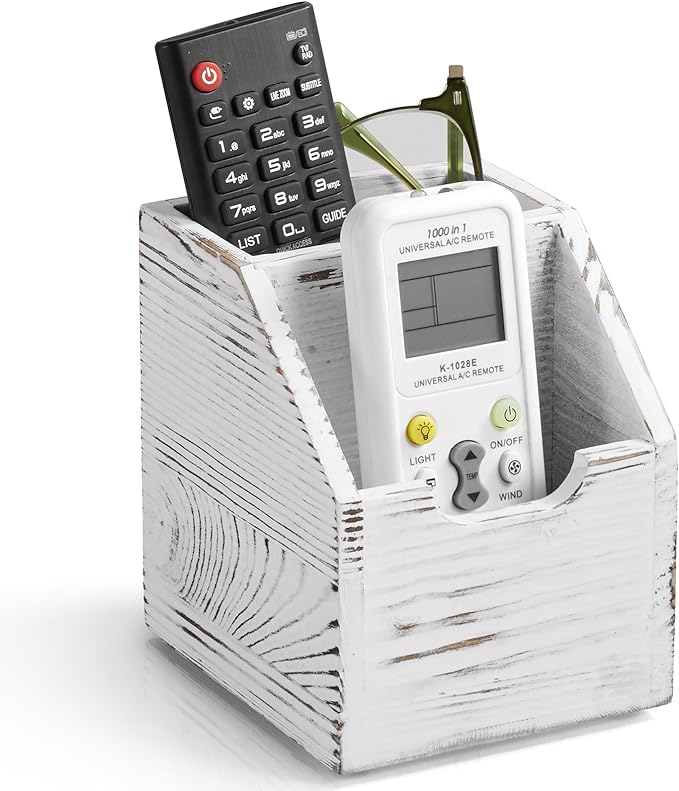 Remote Control Holder, TV Remote Holder, Wood Farmhouse Remote Caddy for Table, Remote Organizer Caddy with 3 Slots, Remote Storage Box for Home Office (Rustic White, 2 Slots)