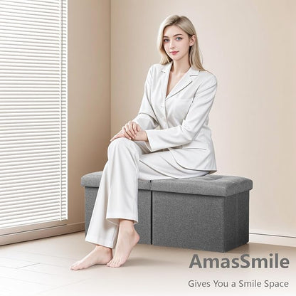 AmasSmile Storage Bench Folding Ottoman Foot Rest Stool, 34 inch Grey Linen Footstool, Short Ottoman Bench, Foot Rest Store as Books, and Blanket Storage or Others