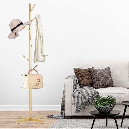 Metal Coat Rack, Modern Coat Rack Freestanding, Sturdy Coat Tree Stand with Cross Base, Golden Coat Racks Hall Tree for Clothes Jacket Hat Bag Entryway