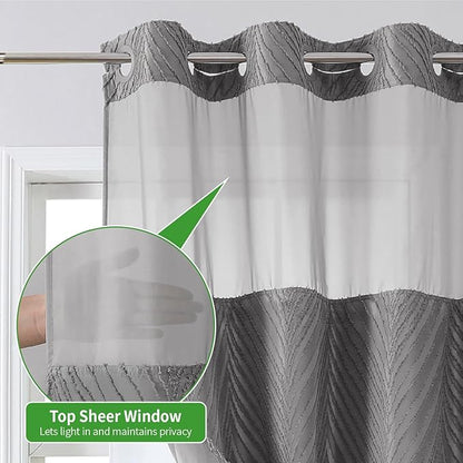 no Hook Shower Curtain and Liner Set，Boho Style with See Through Top Window, Grey Fabric Tufted Striped Textured Outer Curtain & Waterproof Inner Liner, Grey/Gray, 71Wx98H