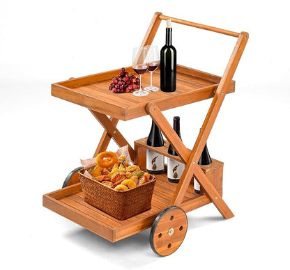 VINGLI 2-Tier Acacia Wood Bar Cart, Rolling Bar Carts with Wheels, Kitchen Serving Tea Cart for Plant Stand Indoor and Outdoor