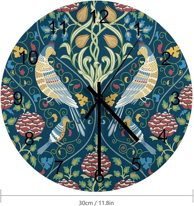 William Morris Wall Clock, Vintage Rustic Art Botanical Floral Bird Wall Clocks Battery Operated Silent Non Ticking Round Wooden Clocks for Kitchen Bathroom Living Room 12 Inch