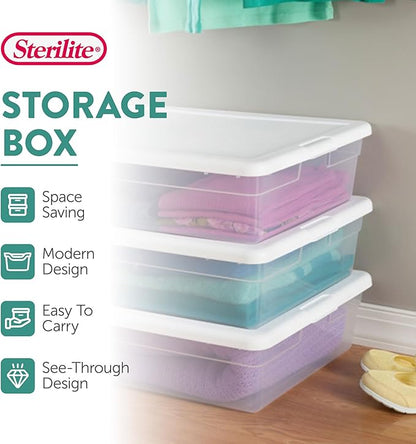 Sterilite 20 Pack Storage Box, 28 Quart Stackable Tote, Clear Plastic Container with Secure Snapping Lids for Home and Office Organization, White
