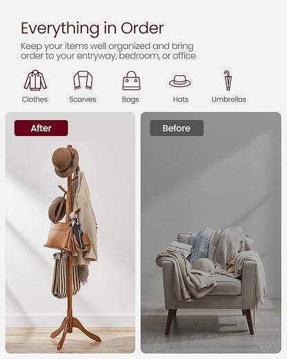 VASAGLE Solid Wood Coat Rack, Free Standing Tree-Shaped Coat Rack with 8 Hooks, 3 Height Options, for Clothes, Hats, Bags, Living Room, Bedroom, Home Office, Caramel Brown URCR01WN