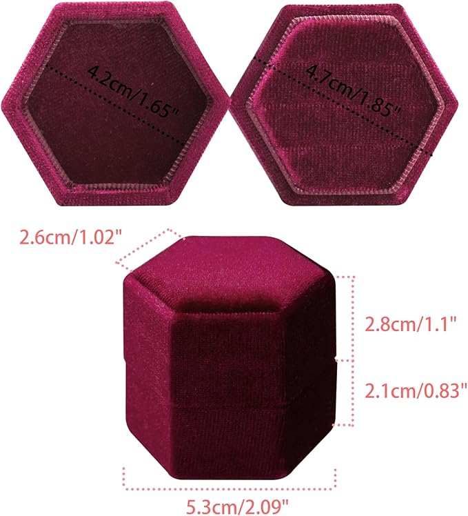 Wedding Ring Box 3 Slots - Hexagon Velvet Ring Box, Detachable Lid Three Slots Jewelry Ring Gift Box, Gorgeous Vintage Premium Ring Bearer Boxes for Proposal Engagement