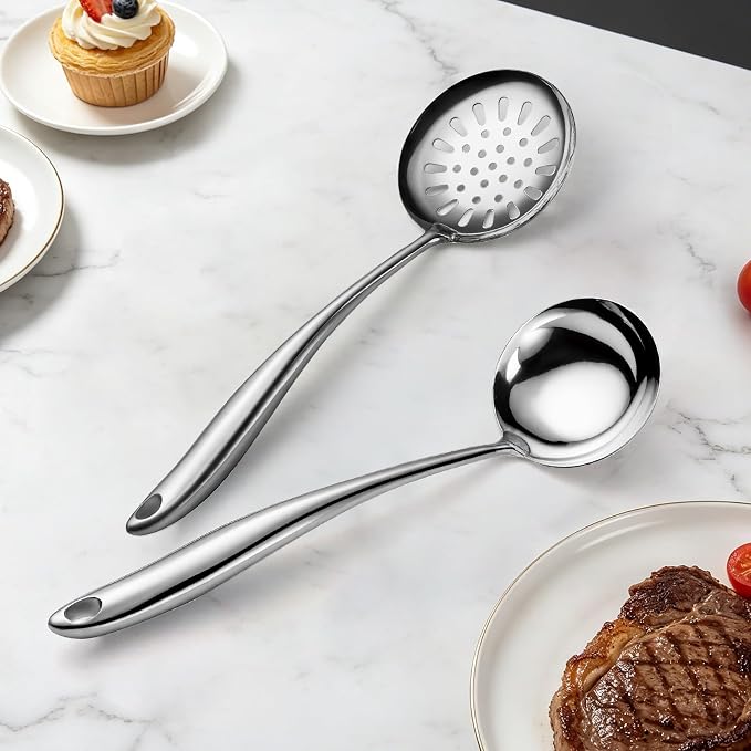 304 Wok Spoon Stainless Steel for 304 Stainless Steel Serving Utensilsr, 2 PCS Long Large Metal Cooking Utensil Tools Set with Slotted Spoon and Soup Ladle