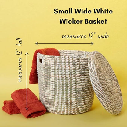 Small White Storage Basket - Laundry Hamper, Baby Nursery Toys Bin, Living Room Blankets Storage, Towels Holder, Organizing, Decorative - Wicker, Woven, Lid, Handles