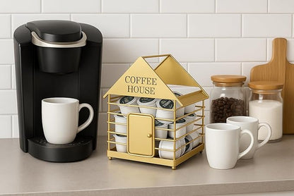 House-Shaped Coffee Pod Organizer – Countertop Coffee Station Holder for Keurig & Nespresso Pods – Modern Black or Gold Kitchen Organizer (Gold)