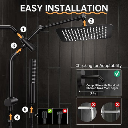 Veken 10" Luxurious All Metal Rain Shower Head with Handheld Spray Combo, High Pressure Rainfall Square Shower Heads with Extension Arm, Wide Dual Showerhead, Bathroom Accessories, Matte Black