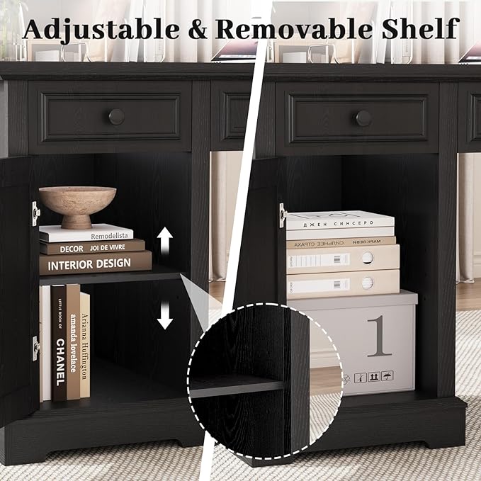 Vipbear 59" Executive Desk, Farmhouse Computer Desk with Drawers, Lockable File Drawer, Storage Cabinet & Power Outlet, Rustic Home Office Desks, Workspace for Work Study Writing, Black