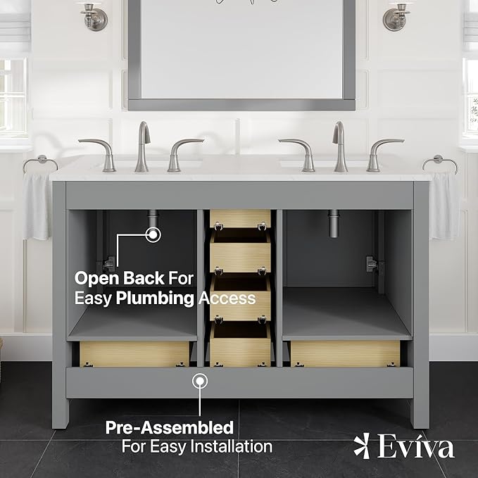 Eviva Aberdeen 48 Inch Bath Vanity with Sink- Gray Bathroom Vanity with Carrara Quartz Top