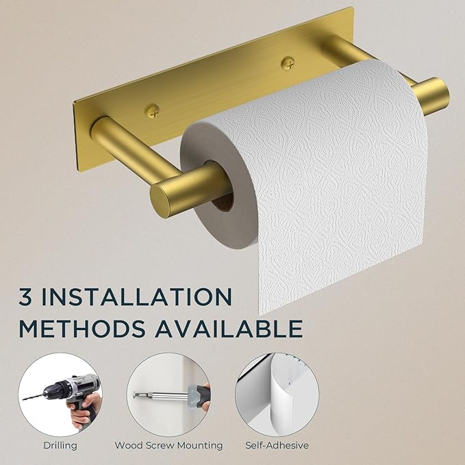 FORIOUS Toilet Paper Holder, Adhesive or Wall Mounted Options, Stainless Steel Rustproof Stick on no Drilling Double Post Pivoting Toilet Tissue Roll Holder Wall Mount for Bathroom, Brushed Gold