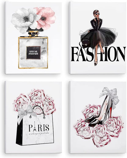 CoziTech Fashion Women Canvas Wall Art Framed, Modern Artwork for Girls Bedroom Wall Décor Pink Flowers Perfume Art Print Handbag High Heel Wall Picture, Gift for woman, Gift for Girls. Set of 4.