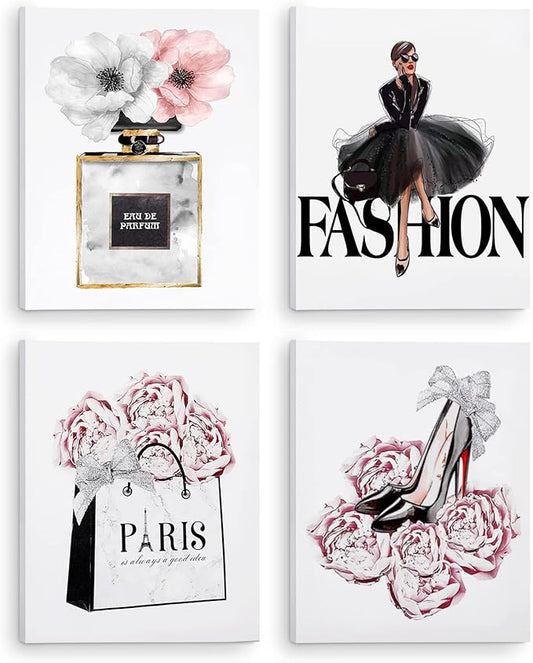 CoziTech Fashion Women Canvas Wall Art Framed, Modern Artwork for Girls Bedroom Wall Décor Pink Flowers Perfume Art Print Handbag High Heel Wall Picture, Gift for woman, Gift for Girls. Set of 4.