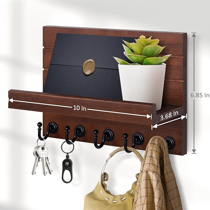 Mail and Key Holder for Wall: Easy Installation Modern Mail Holder Wall Mount Key Shelf for Hallway Living Room House Decoration (Brown)