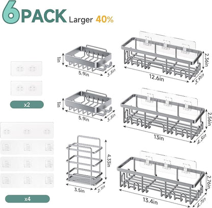 Veken Shower Caddy 6-Pack, No Drilling & Rustproof, Waterproof Adhesive Shelves Rack with Soap Holder, Large Capacity Bathroom Organizers and Storage, Wall-Mounted Kitchen & Home Decor, Silver Gray