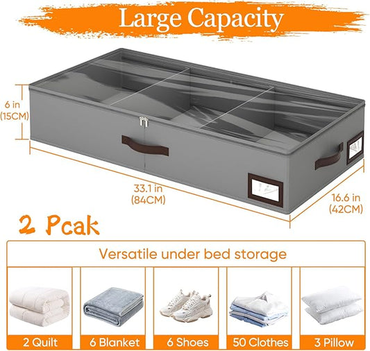 OIAHOMY 2 Pack 53L Under Bed Storage with Adjustable Dividers, 6" Low Profile Underbed Storage Bins for Comforters & Clothes, Save Closet Space with Clear View Lid & Reinforced Handles, Grey