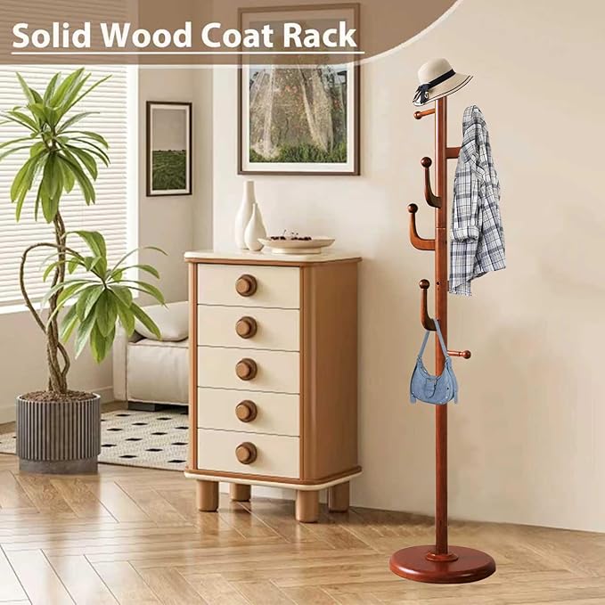 Solid Wooden Coat Rack Stand, Coat Racks Freestanding with 7 Hooks, Natural Birch Wood Coat stands with Sturdy Round Base, Tree Coat Hanger Standing for Entryway Bedroom Office (Cactus Design)