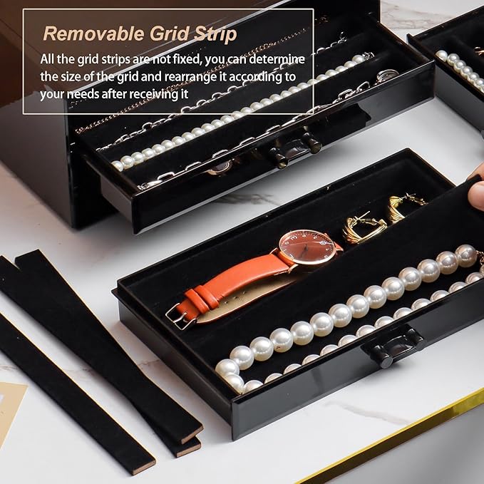 YUFONG Necklace Holder Organizer, Dustproof Necklace Box Velvet Necklace Organizer Box with Lid Clear Acrylic Dustproof Stackable Jewelry Displays for Necklaces Chain Display (Black Black, 5 Drawer)