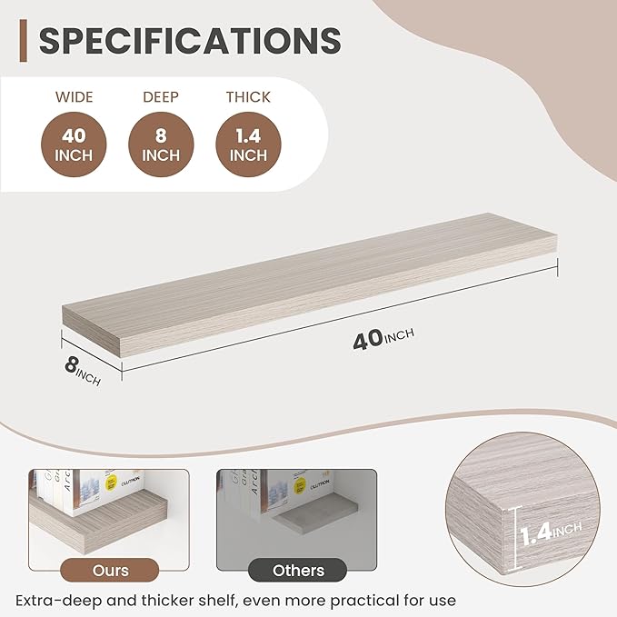 Acovy 40 Inch Floating Shelves, 8 Inch Deep Floating Shelves for Wall, Hanging Shelf with Invisible Brackets, Deep Shelves for Bathroom, Bedroom, Living Room, Grey, Set of 2