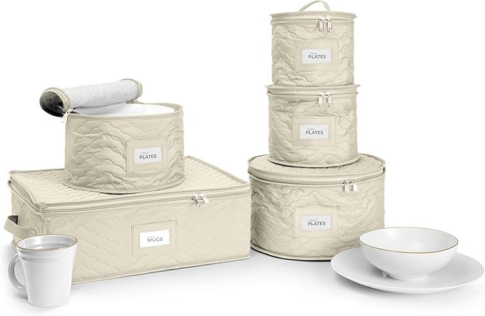 Sorbus China Storage Containers - 5 Pc Quilted Set for Moving & Transporting Dinnerware, Dishes, Round Plates, Glassware, Cups & Mugs with Felt Plate Protectors - Fine China Glass, Plate Storage Cases