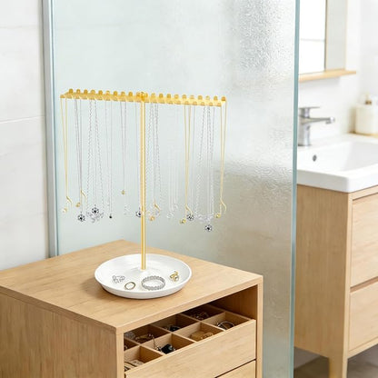Jewelry Organizer Stand, Metal Necklace Holder Display With 42 Hooks, Gold Jewelry Holder for Necklaces, Bracelets, Rings, Bedroom College Dorm Decor for Women and Girls