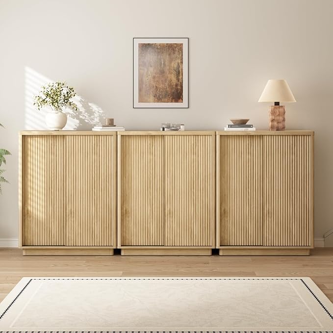 Fluted Shoe Cabinet with Sliding Door Set of 3, 6-Tier Large Hidden Storage Organizer Modern Shoe Rack with Adjustable Shelves, Mid Century Freestanding Wooden Shoe Storage Cabinet for Entryway,Oak