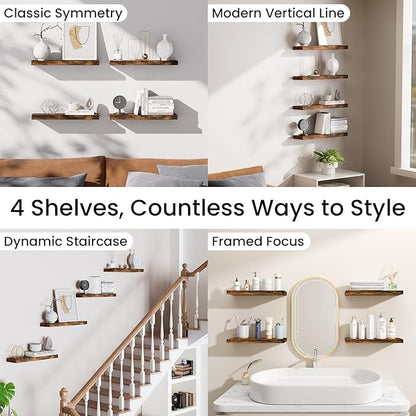 BAYKA Floating Shelves for Wall, 15.7in Wall Mounted Rustic Wood Shelves for Bathroom, Bedroom, Living Room, Kitchen, Hanging Shelf for Storage/Room Decor with 22lbs Capacity (Rustic Brown, Set of 4)