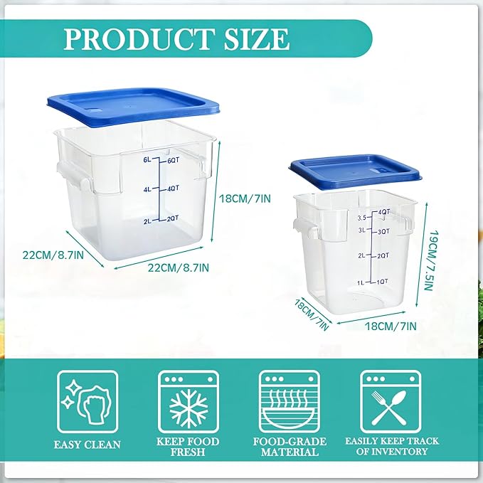 Lallisa 4 Pcs 8 Qt and 4 Qt Clear Food Storage Containers with Lids, Handles and Scales, Commercial Grade Square Containers Polycarbonate Air Tight for Home Storage Kitchen Restaurant (Blue)