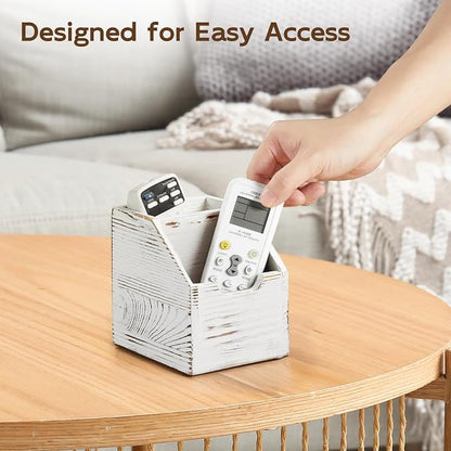 Remote Control Holder, TV Remote Holder, Wood Farmhouse Remote Caddy for Table, Remote Organizer Caddy with 3 Slots, Remote Storage Box for Home Office (Rustic White, 2 Slots)