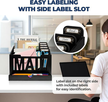 Mail Organizer Countertop – Black Holder for Desk with 4 Slots, Drawer & Label Tags, Decorative Desktop Sorter, Envelope Tray for Home Office Organization (11x7x9.5 in)