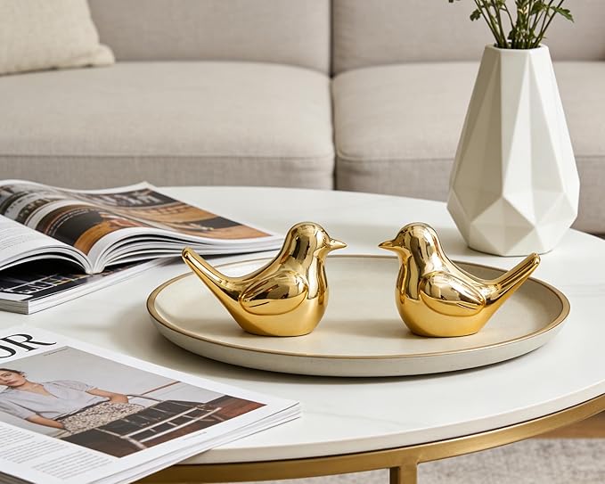 Artconal Small Gold Bird Statue Ceramic 2-Piece Set, 4½ inch Cute Knick Knack for Home Office Shelf Desk Decor
