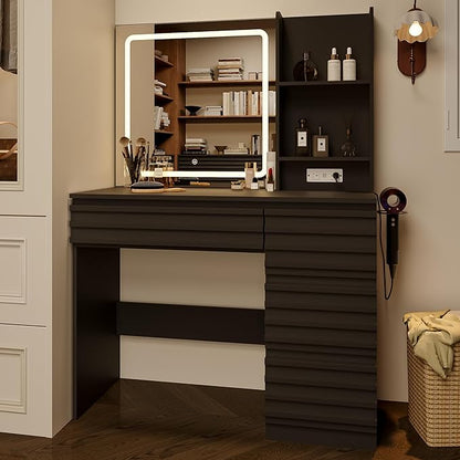 Fluted Vanity Desk with HD Mirror and Lights, Wood Makeup Vanity Table with 4 Drawers & Open Shelves, Mid Century Dressing Table Set with Charging Station, 3 Color Lighting Modes for Bedroom, Black