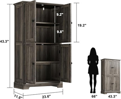 ChooChoo Bathroom Floor Cabinet, Farmhouse Bathroom Storage Cabinet with 4 Doors and Adjustable Shelves, Pantry Cabinet for Living Room, Kitchen, Retro Grey