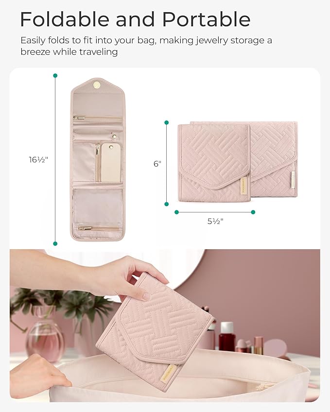 BAGSMART Travel Jewelry Organizer Case Foldable Jewelry Roll for Journey Rings, Necklaces, Earrings, Bracelets,Mini,Light Pink