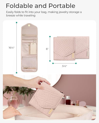 BAGSMART Travel Jewelry Organizer Case Foldable Jewelry Roll for Journey Rings, Necklaces, Earrings, Bracelets,Mini,Light Pink