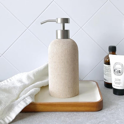 Lunestella Sand Beige Hand Soap Dispenser with Stainless Steel Pump, for Bathroom and Kitchen, Luxury Farmhouse, Boho & Zen Style, Sandstone Finish, Rust Proof, 7oz